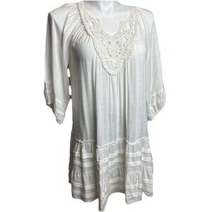 Umgee NWT Cream Doily Neck Boho Tunic Dress Size L Peasant Sleeve Tiered Hem